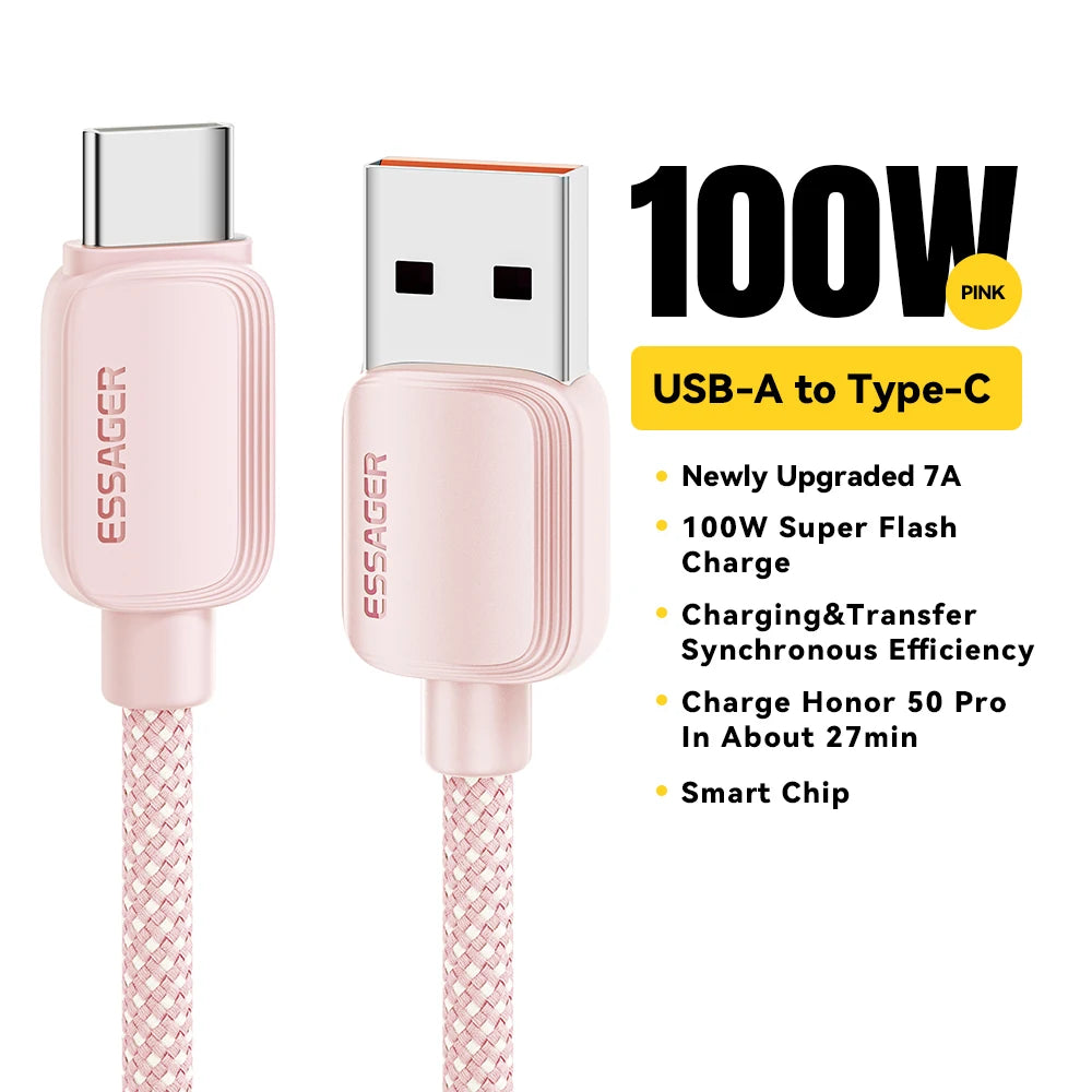 Essager 7A 100W USB Type C Cable For Huawei Honor 88W PD Fast Charging Charger USB A Data Cord Cable For Xiaomi Oneplus Samsung