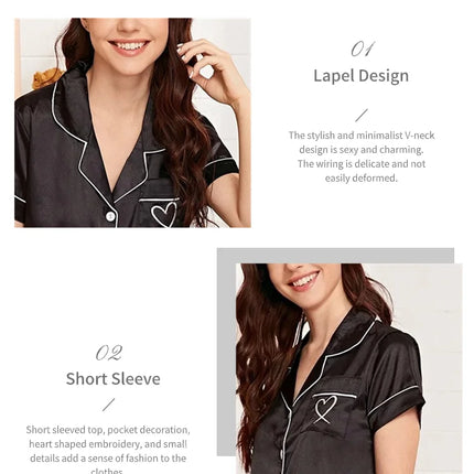 Women's Pajama Pocket Heart Embroidered Pajama Set Satin Comfortable Short Sleeve Button Pajama Lounge Pant For Women Sleepwear