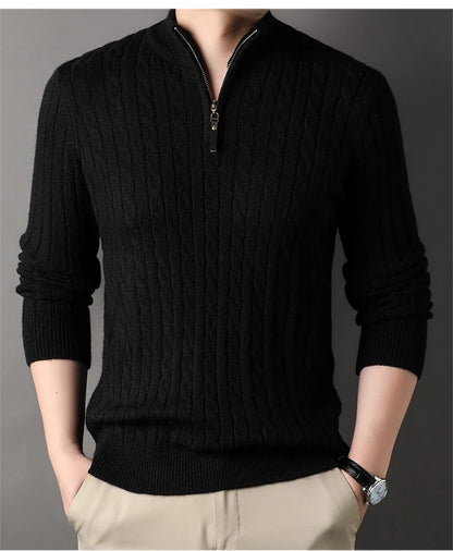 2023 Winter Men's Quarter Zip Sweater Slim Fit Casual Knitted Turtleneck Pullover Mock Neck Polo Sweater