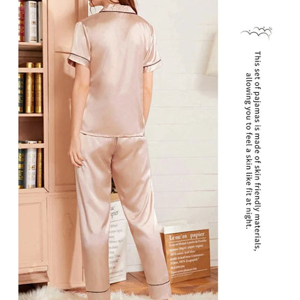 Women's Pajama Pocket Heart Embroidered Pajama Set Satin Comfortable Short Sleeve Button Pajama Lounge Pant For Women Sleepwear