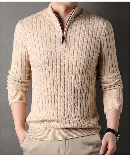 2023 Winter Men's Quarter Zip Sweater Slim Fit Casual Knitted Turtleneck Pullover Mock Neck Polo Sweater