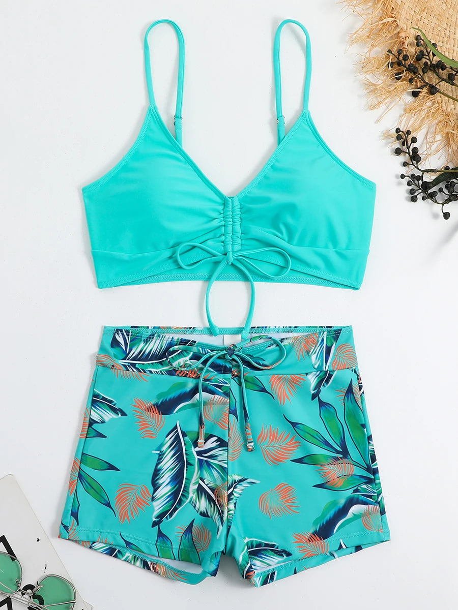 Drawstring Front Shorts Bikinis 2025 High Waist Swimsuit Women Swimwear Female Bathers Bathing Swimming Swim Suit Beachwear
