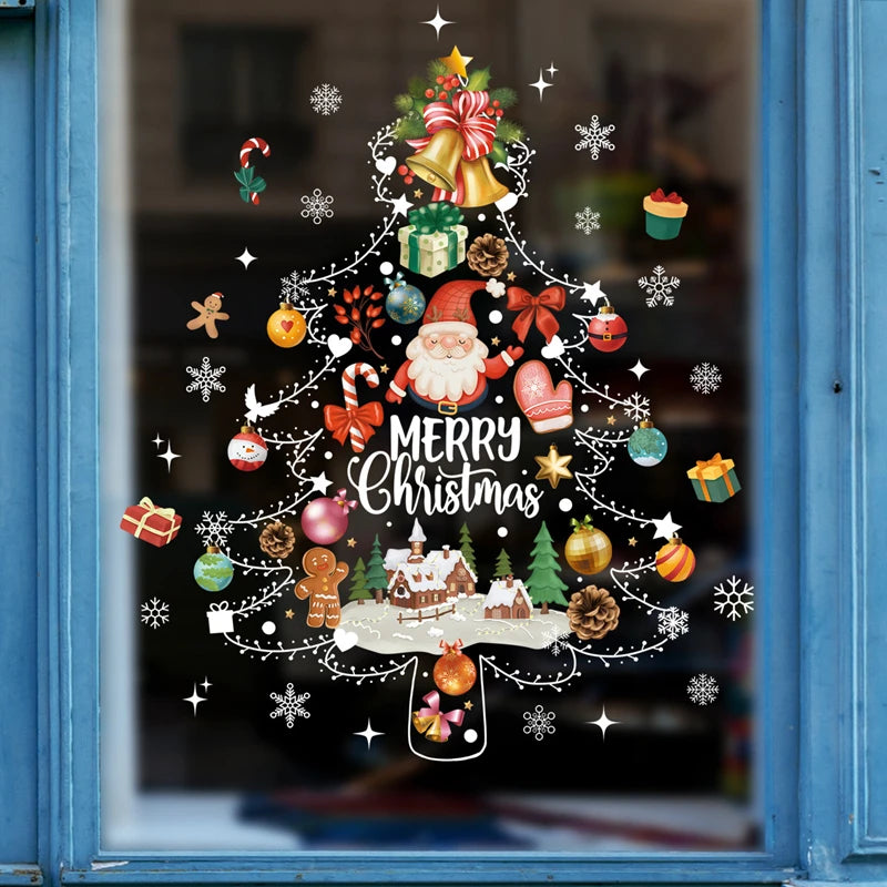 2024 Christmas Window Stickers Santa Claus Xmas Tree Cartoon Glass Decal Merry Christmas New Year Holiday Decorations for Home