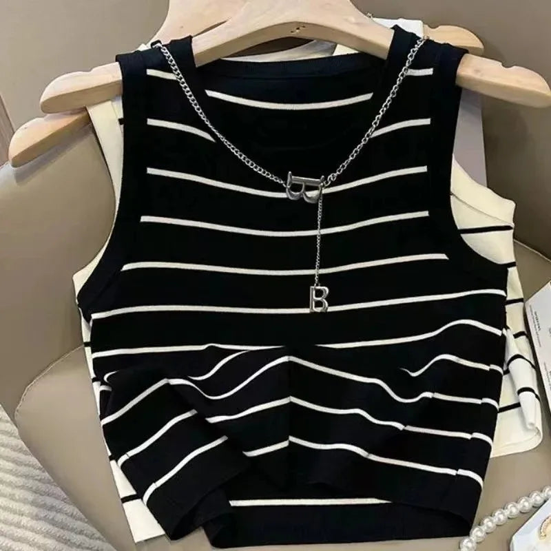 New waistcoat women wear striped wide edge temperament summer top short knit sleeveless bottom shirt