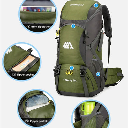 50L Travel Backpack Camping Men Large Hiking Bag Tourist Rucksack Waterproof Outdoor Sports Climbing Mountaineering Bag Luggage