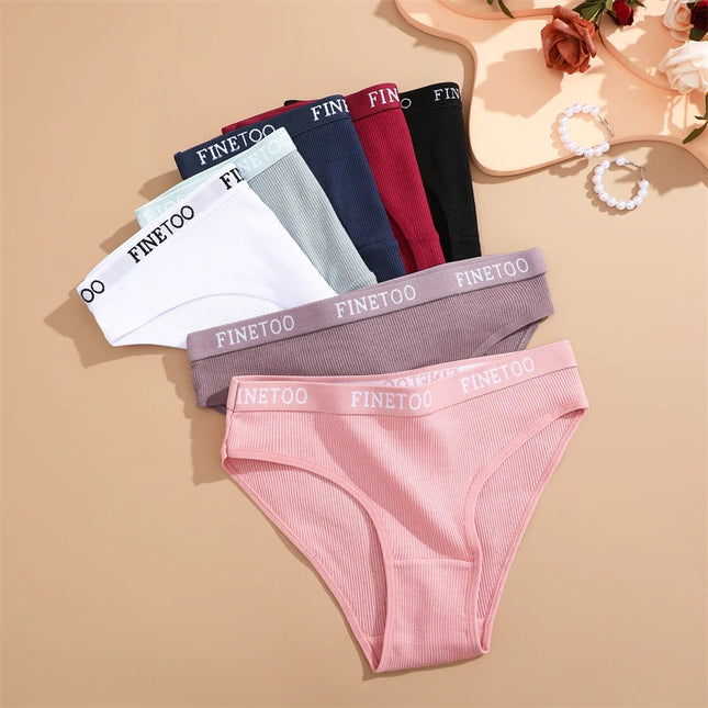 FINETOO 4Pcs Cotton Striped Underwear Women's Panties Letter Belt Briefs Ladies Low Waist Lingerie Solid Breathable Underpants