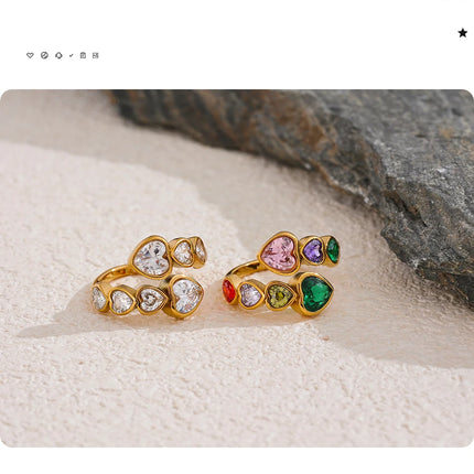 Yhpup Delicate Cubic Zirconia Heart Stainless Steel Gold Color Adjustable Fashion Open Ring High Quality Chic Charm Jewelry