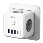 LENCENT EU Plug Power Strip Wall Socket with 3 AC+3 USB QC 18W +1 Type C PD 35W Fast Charger Adapter 7-in-1 Socket On/Off Switch