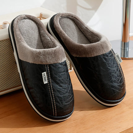 PU Leather Big Sizes Men slippers Indoor Waterproof Fur Flat Men's Winter Home Slipper Cotton Bedroom Houseshoes