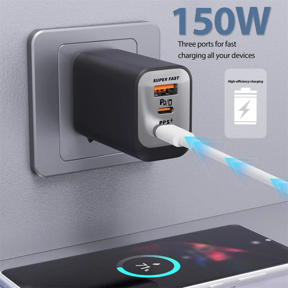 USB Type C 150W Charger USB QC3.0 Fast Charging Mobile Phone Charger Travel Adapter For iPhone 17 Samsung Xiaomi EU/UK/US Plug