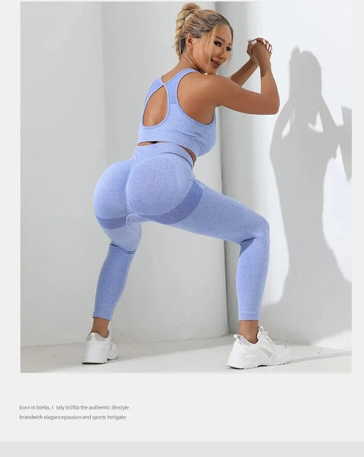 Yoga Basic 2pcs Seamless High Stretch Yoga Set Tracksuit Gym Set Crisscross Back Cami Hip-hugging Tummy Control Leggings