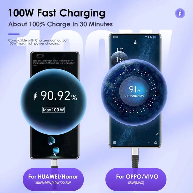 100W USB To Type C Super Fast Charging Cable For Samsung Huawei Xiaomi Mobile Phone Charger Cable 0.25m 1m 2m 3m Nylon Data Cord