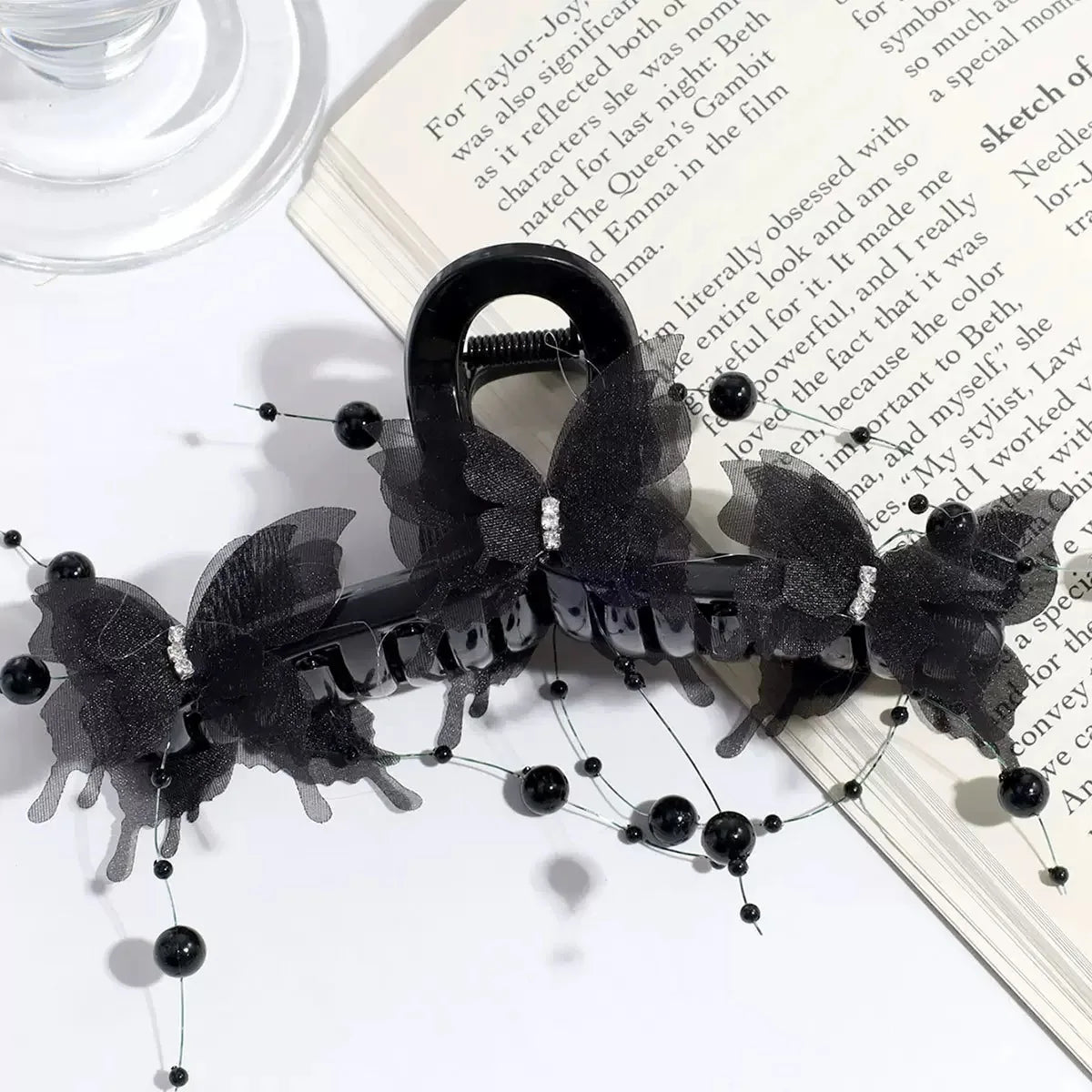 Light Blue/Pink Sheer Butterfly Claw Clip | Pearl Rhinestone Fairycore Hair Grabber | Elegant Romantic Hair Accessory