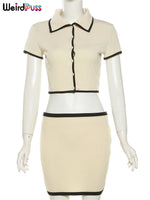 Weird Puss Ribbed Women 2 Piece Set Polo Neck Button Shorts Crop Tops+Mini Skirts Matching Stretch Elegant Streetwear Outfits