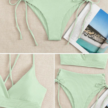 Cikini-V-Neck Split Bikini Set for Women, Sexy Swimsuit, Lace Up, Triangular Bikinis, Solid Color, Beach Swimwear, Bathing Suit