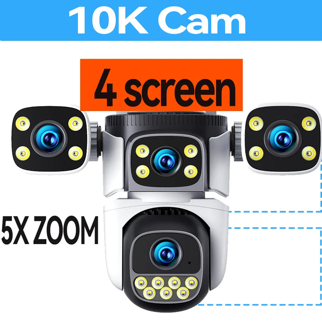 10K 20MP Four Screen Outdoor WiFi Cam PTZ 5X Zoom Night Vision Four Lens 10K Wireless CCTV Surveillance Cam Security Protection