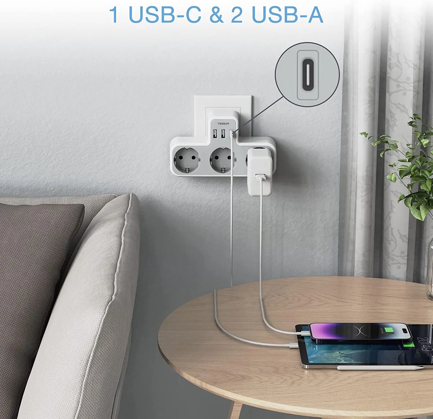 TESSAN EU Plug Power Strip with 3 AC Outlets +3 USB Ports, 6 In 1 Wall Charger Power Socket Adapter Overload Protection for Home