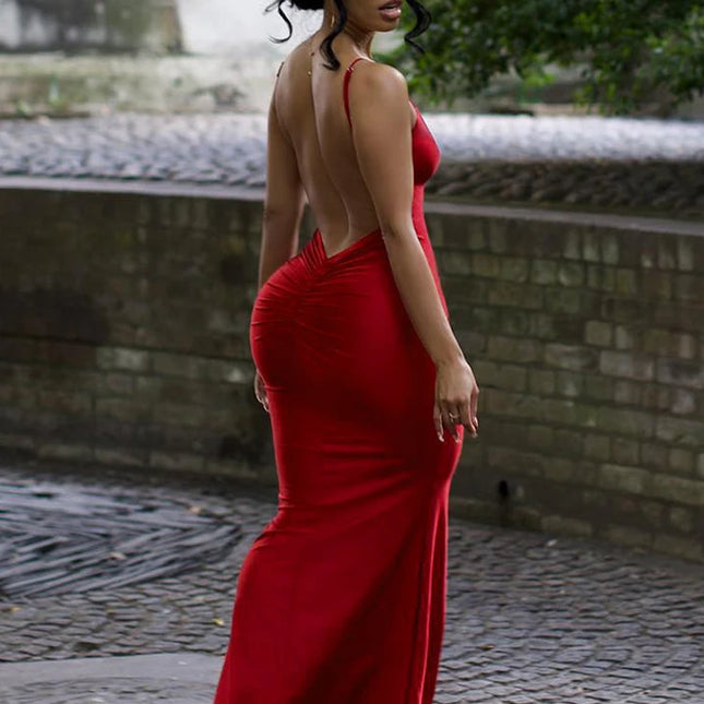 Weird Puss Sexy Backless Women Evening Maxi Dress Folds V-Neck Sleeveless Coquette Elegant Mermaid Matching Banquet Prom Bodycon