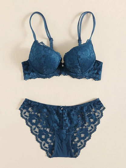 1 Set Elegant Erotic Lace Embroidery Breathable Fabric Lingeries : Push-Up Bra, Low Waist Sheer Panty - Ultimate Valentine's Day