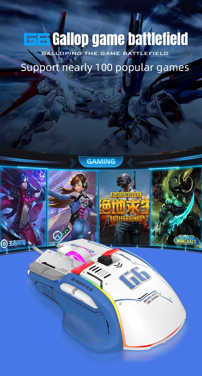 G6 Gaming Mouse Wired 128000DPI ChipA826 RGB Macro-programmable Ergonomic design superior for Gaming and Work