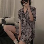 Cherries Print Two Pieces Pajamas Set Summer Faux Stain Pajamas Fashion Home Clothes Ladies Casual Shorts and Top Set Pijamas