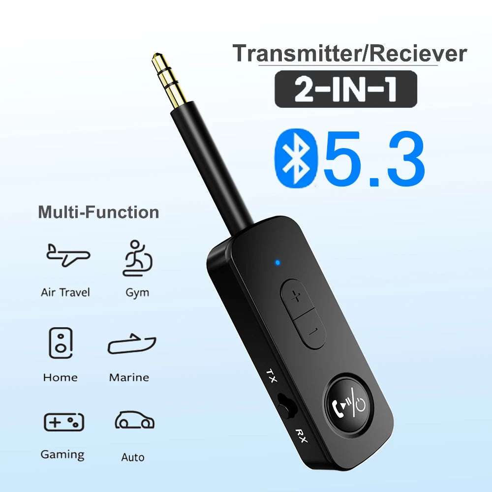 3.5mm Aux Bluetooth 5.3 Receiver Transmitter 2-in-1 Wireless Audio Adapter for TV Headset Car Radio Flight Mp3 Player Speaker