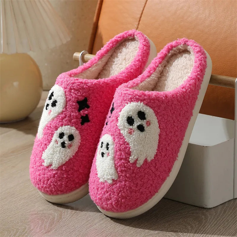 cute Ghost Plush Slipper Women Winter Warm Indoor Non Slip House Shoes Halloween Slippers Home Footwear Soft Cozy Slides fluffy