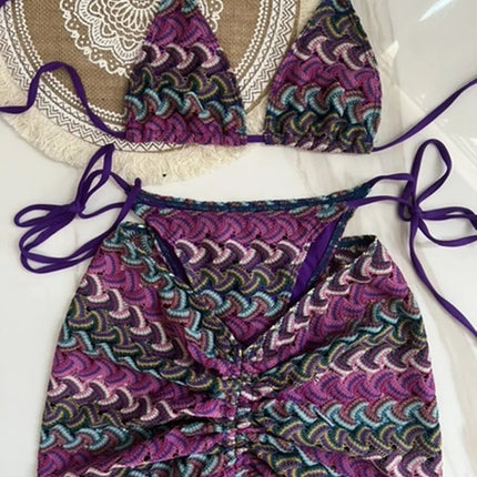 Women Swimsuit Colored Maple Leaves Knitted Bikini Skirt Three-Piece Set Split Swimsuit Bikini