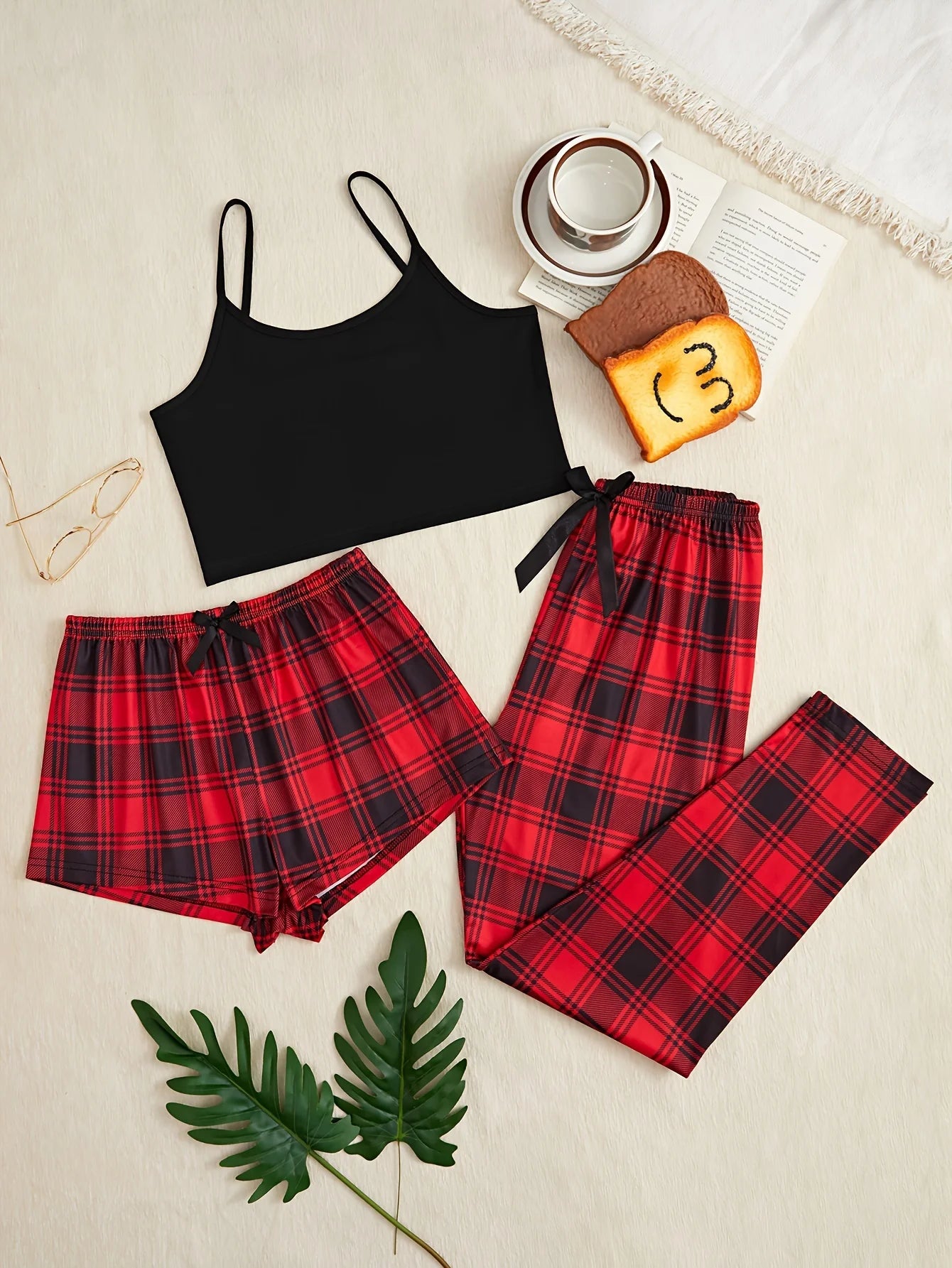3Pcs Women's Pajama Set Camisole Shorts Trousers Three-Piece Bow Tie Home Wear Set Plaid Print Sleepwear for Women Christmas pjs