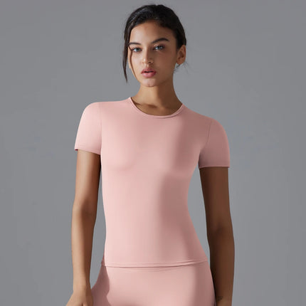 Women Running Sports T Shirt Summer Short Sleeve Round Neck Breathable Stretchy GYM Yoga Slim Fitness Active Top Tee