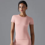 Women Running Sports T Shirt Summer Short Sleeve Round Neck Breathable Stretchy GYM Yoga Slim Fitness Active Top Tee