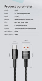 Toocki USB Type C Cable 100W Fast Charging 6A Type C Cable for Xiaomi Huawei P30 P40 Samsung POCO Realme Oneplus Data Wire