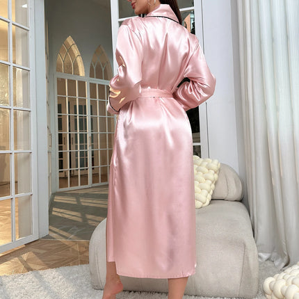 Simple Satin Night Robe Long Sleeve V Neck Robe With Belt  Women's Sleepwear