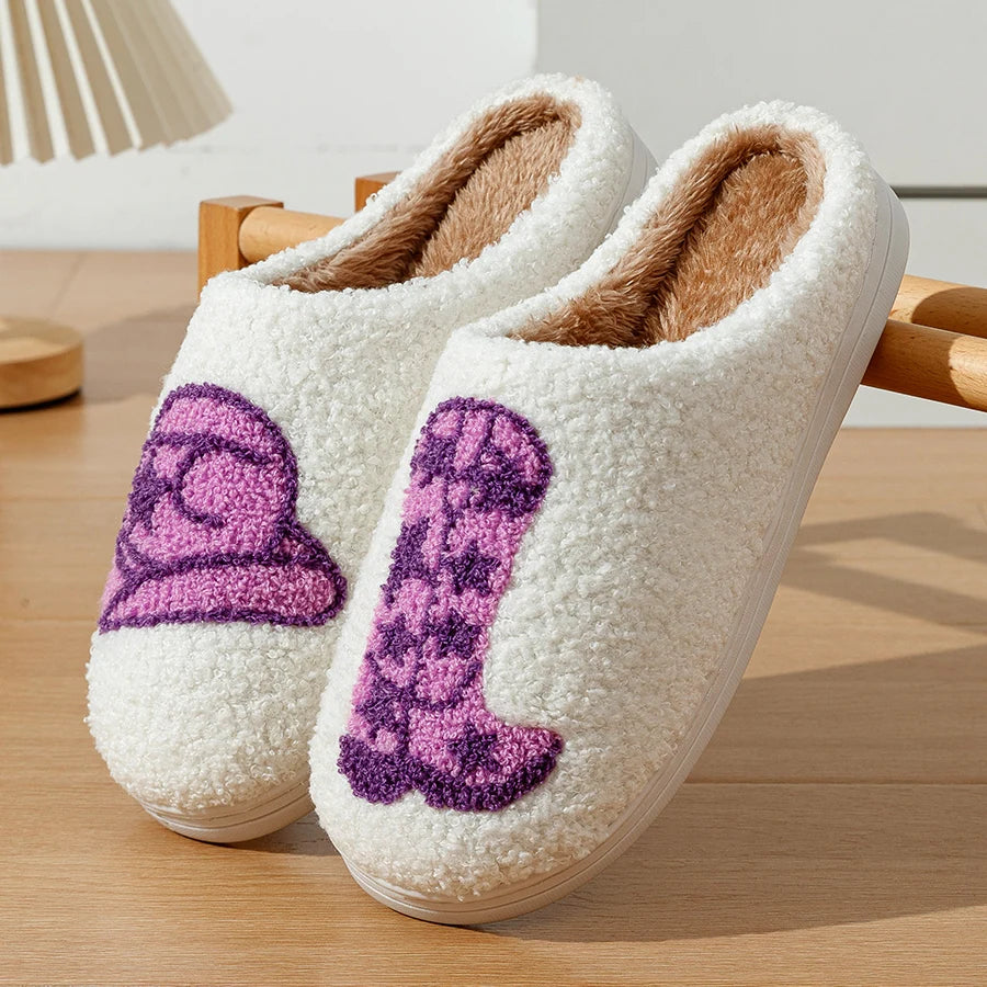 Country Nashville Style Boot Women Slippers Cowgirl Hat Fluffy Slides Comfortable Cozy Comfy Houseshoes Winter Home Cowboy Shoes