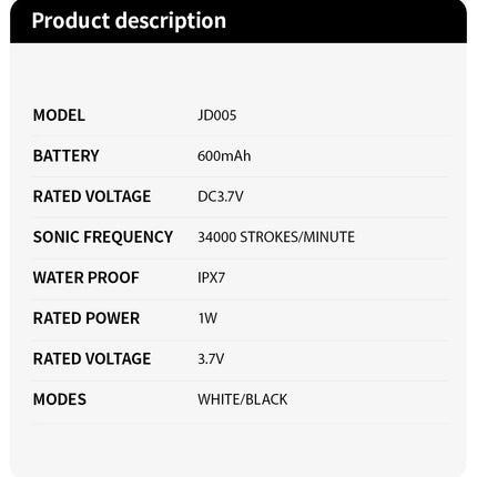 Jianpai Adult Black White Classic Acoustic Electric Toothbrush Adult 5-gear Mode USB Charging IPX7 Waterproof Acoustic Electric