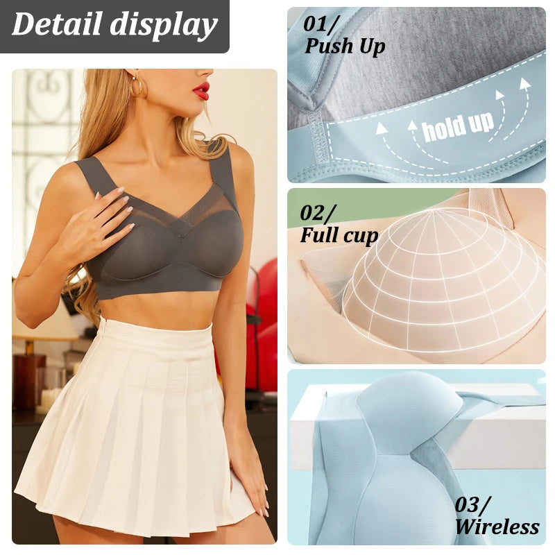 Women Sexy Bra Full Cup Brassiere Female U Back Underwear Lace Splicing Pespective Bralette V Neck Intimates Lingerie Large Size