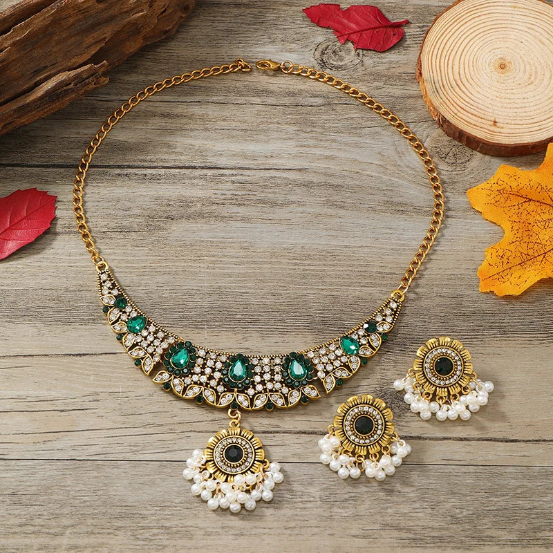 European and American retro tassel gemstone ethnic style crystal necklace earring set chain for women's light luxury travel phot