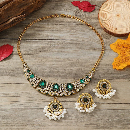 European and American retro tassel gemstone ethnic style crystal necklace earring set chain for women's light luxury travel phot