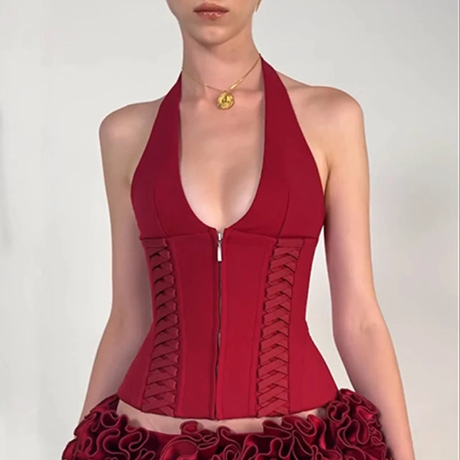 WhereMery Fashion Cross Tie Zipper Slim Women's Vest Sexy Off Shoulder Backless Sleeveless Halter Top Casual Summer Street Camis