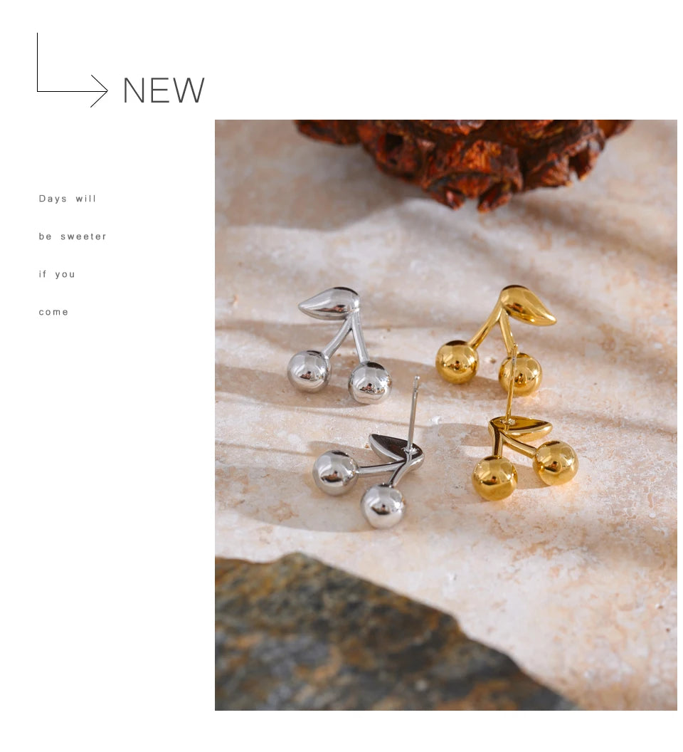 Yhpup 316L Stainless Steel Metal Chic Cherry Golden Stud Earrings Water Resistant Charm Fashion Jewelry 18K PVD Plated Wholesale
