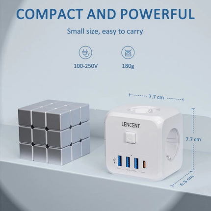 LENCENT Wall Socket Extender with 3 AC Outlets 3 USB Ports And1 Type C 7-in-1 EU Plug Charger On/Off Switch for Home