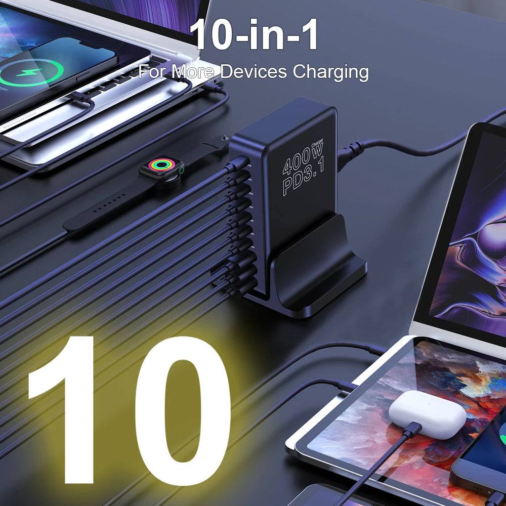 UHOMEBUY 400W USB C Charger 10-Ports GaN Charging Station 140W Max Single Port PD3.1 Fast Charger for MacBook Pro iPhone Samsung