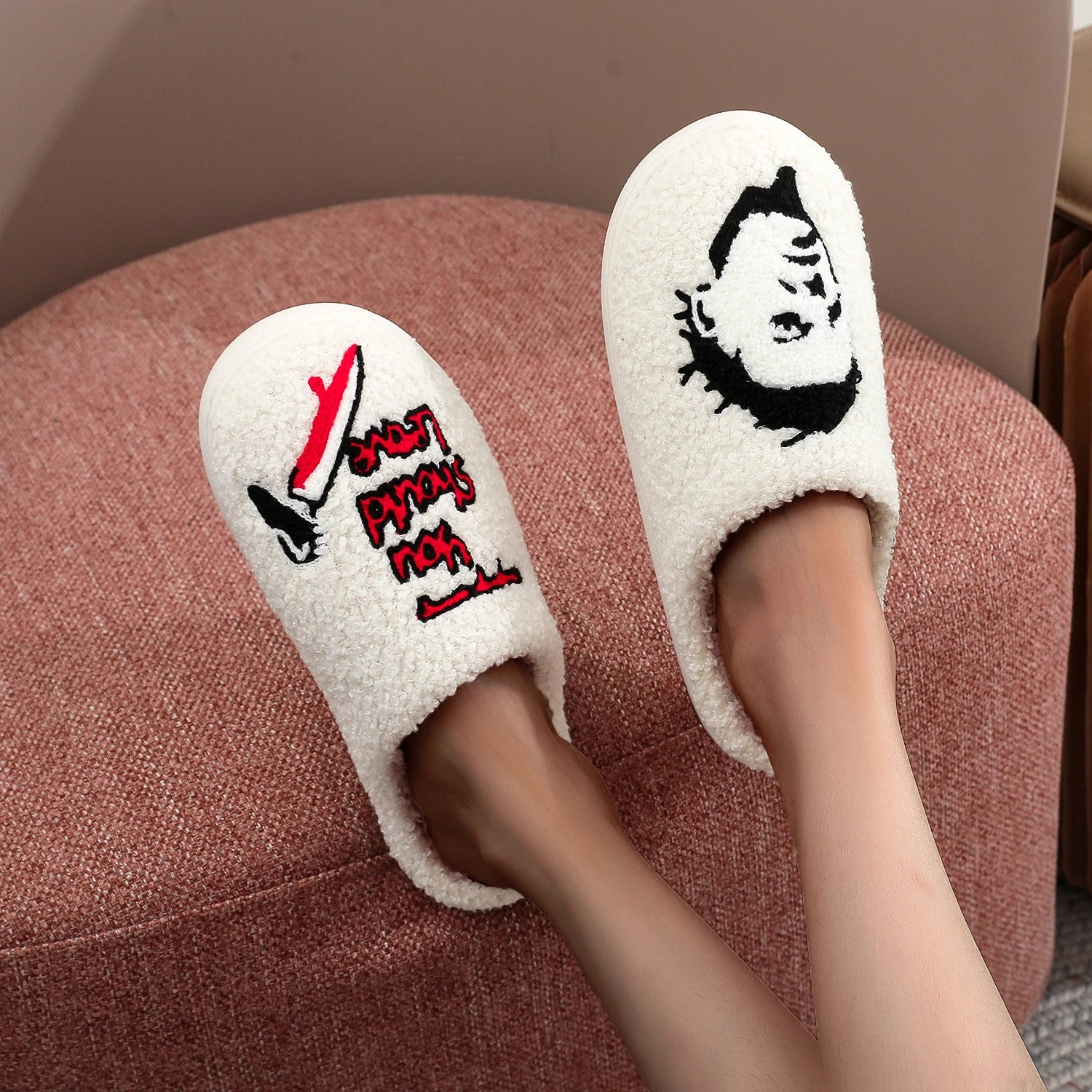 Horror Thriller Movie Michael Myers Halloween Embroidered Stuffed Home Thick-Soled Plaid Stuffed Cotton Slippers Cute Warm Anti-Slip Indoor Slippers for Gifts