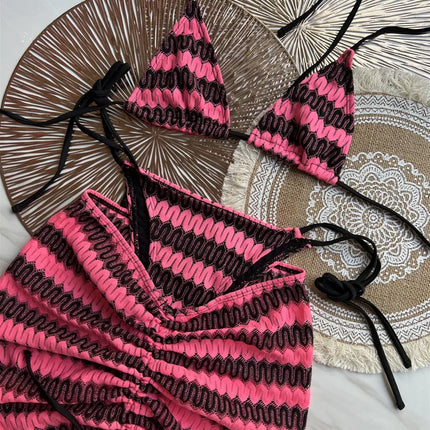 Women Swimsuit Colored Maple Leaves Knitted Bikini Skirt Three-Piece Set Split Swimsuit Bikini