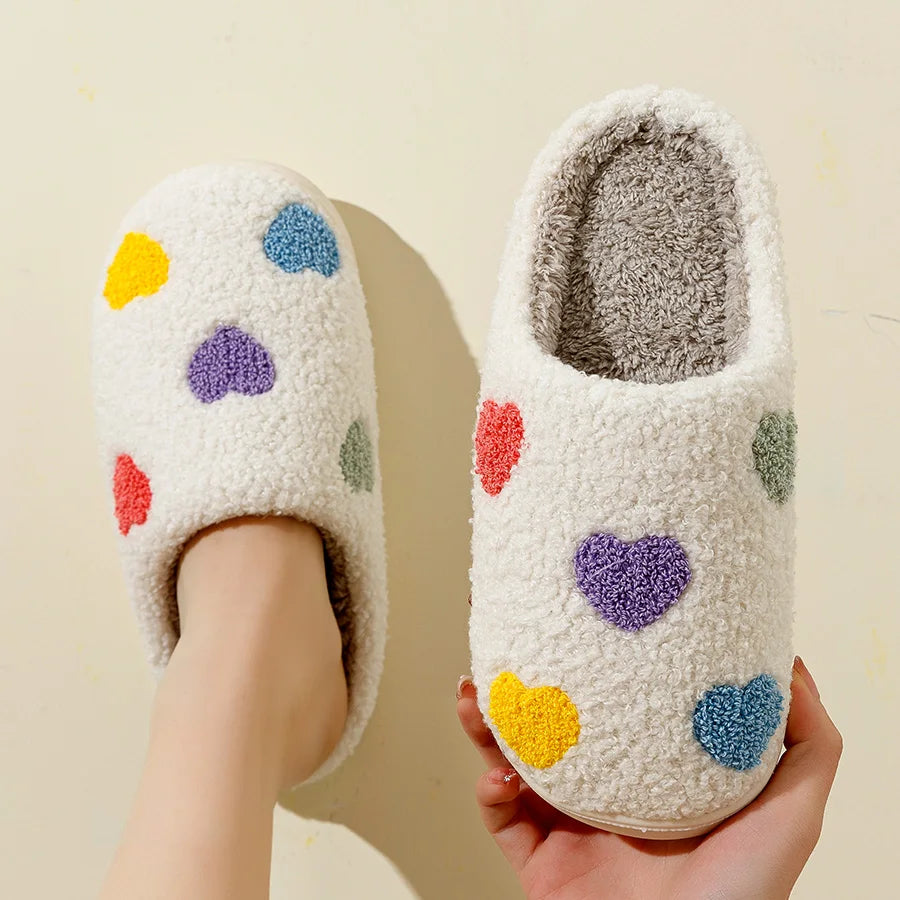 Cute Color Heart Women Slippers Valentine's Day Embroidery Fuzzy Romantic Love Comfy Flat Girl Friend Gift Winter Home Shoes