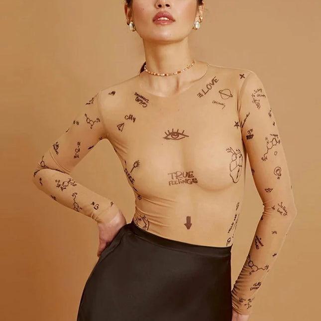 Sexy tight-fitting one-piece Top Women Long-Sleeved Bodysuits O-Neck Basic Party Wear Print Summer Wild Slim Bodysuits