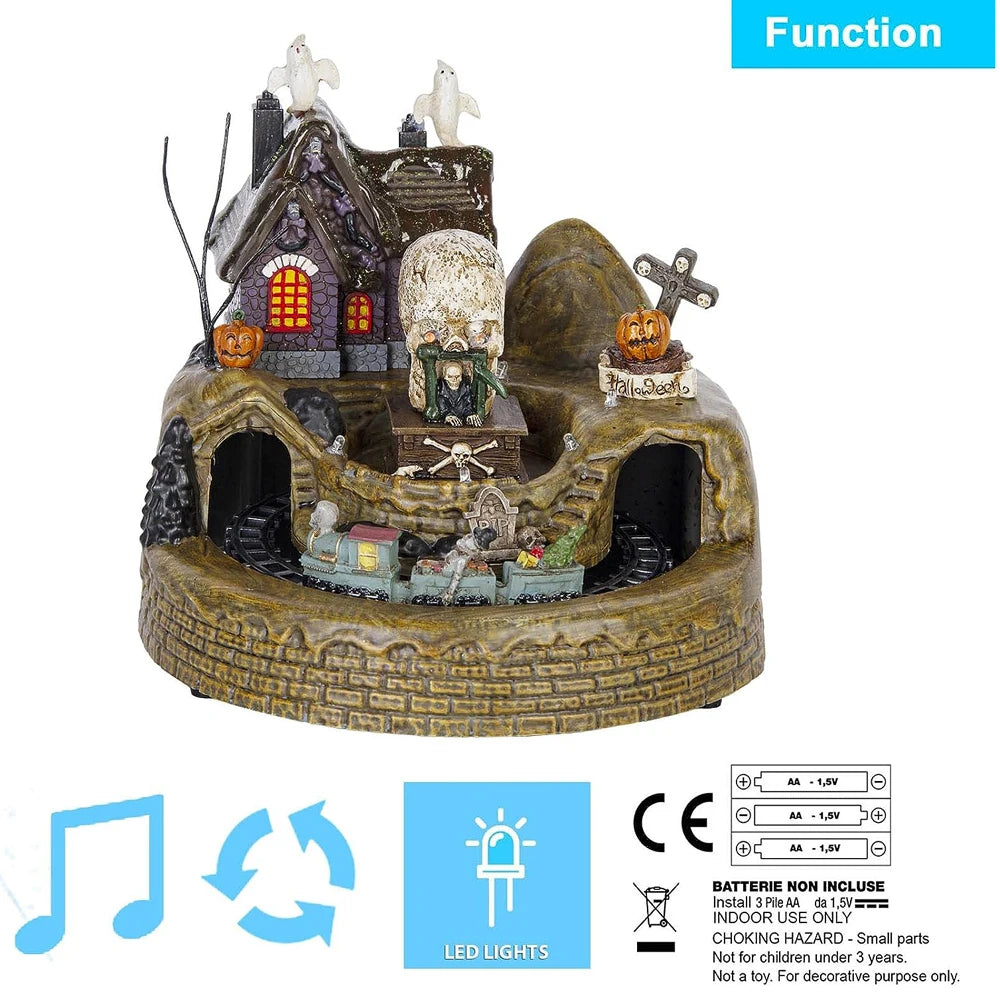 Halloween Holiday Village Train Decor with LED Lights Music Spooky Ghost & Skeleton Figurines, Festive Haunted House Decoration
