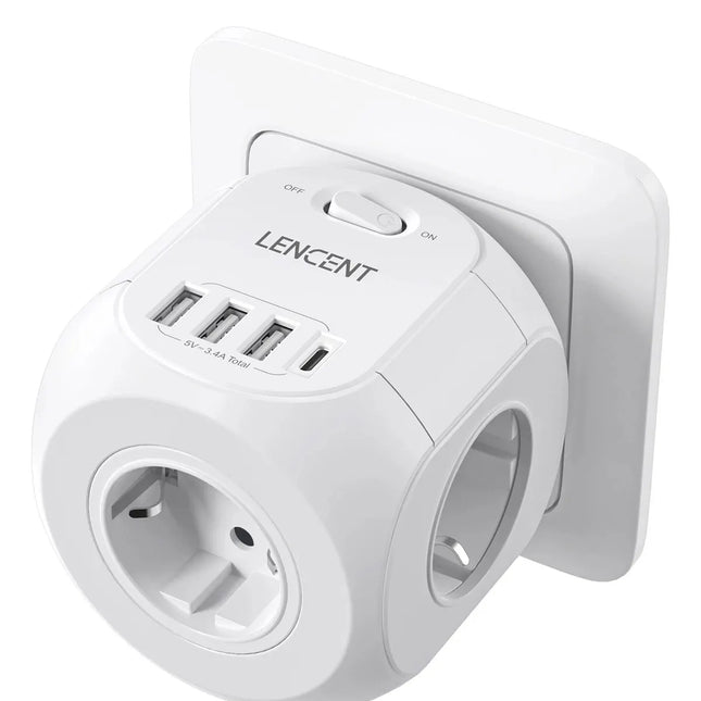 LENCENT Wall Socket Extender with 3 AC Outlets 3 USB Ports And1 Type C 7-in-1 EU Plug Charger On/Off Switch for Home