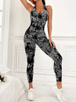 Women's Tie Dye Seamless Workout Jumpsuits One Piece Soft&Stretchy Fashion V-Neck Halter Open Back Yoga Sports Bodysuit