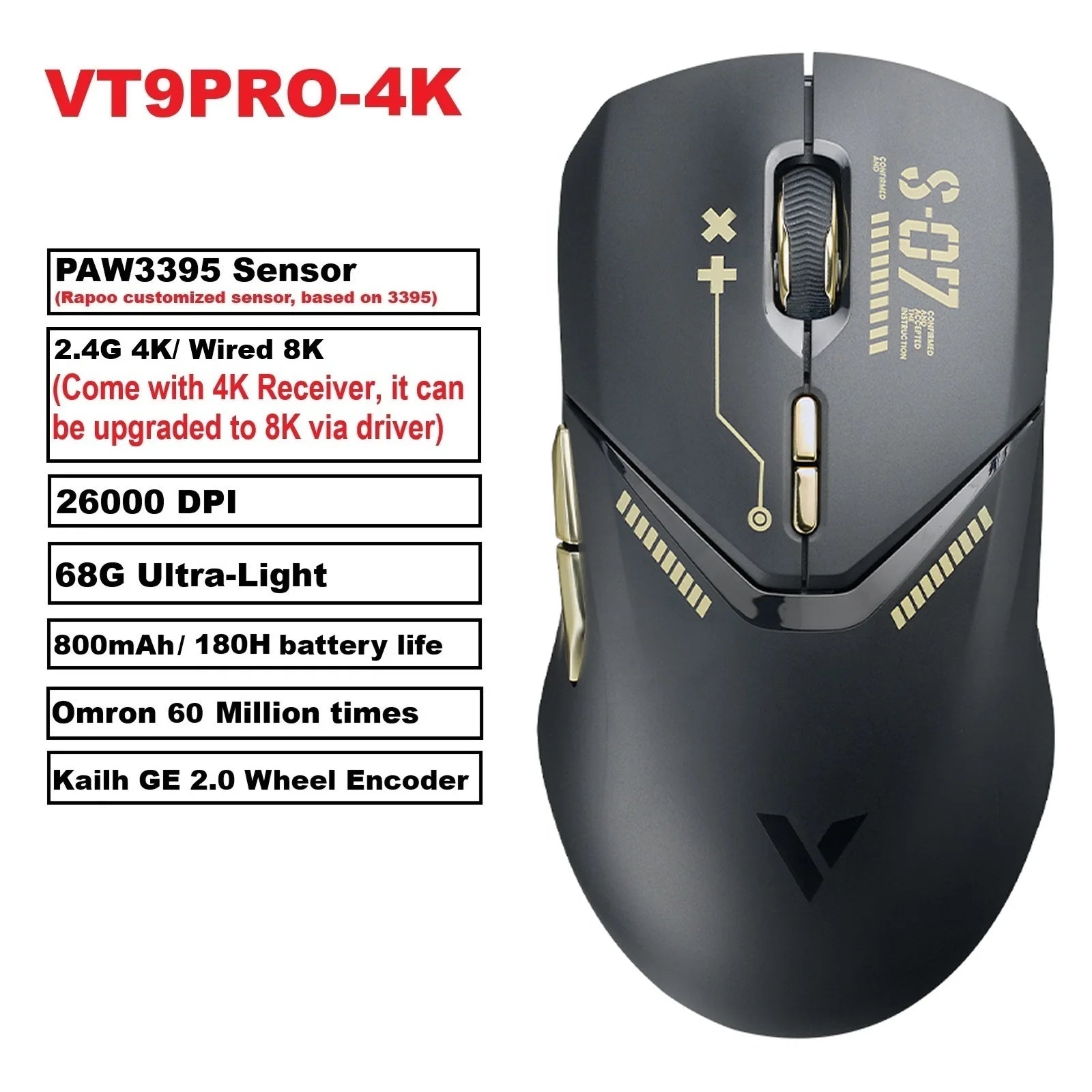 Rapoo VT9PRO PAW3398 Wireless Gaming Mouse 26000DPI 68g Lightweight Wired Wireless Mouse 160H Super Long Battery Life